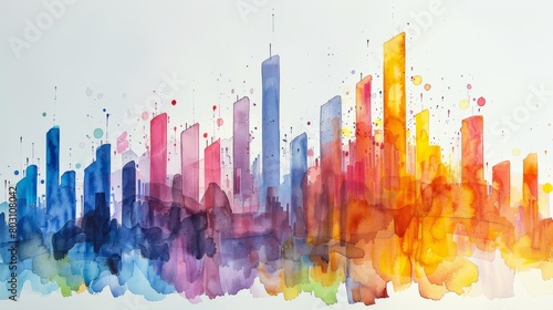 A watercolor painting of a city skyline in a rainbow of colors.