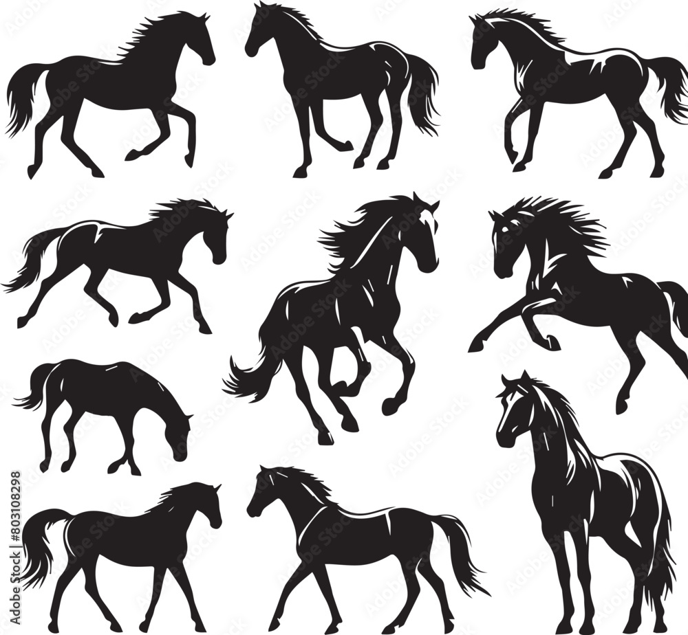 Horse silhouette animal set on white background. Black horses graphic element vector illustration. High Resolution JPG, EPS 10 included. Horse silhouette animal set on white background. Black horses graphic element vector illustration. High Resolution JPG, EPS 10 included.