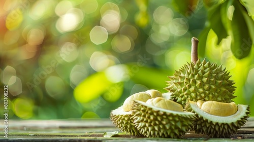 a durian on wood table. with a green background. photo