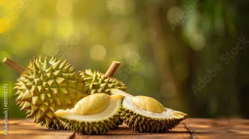 two whole durians and one durian that has been cut open, revealing the yellow flesh inside.