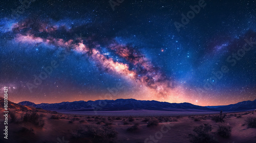 Starry night sky over desert landscape. Great for astronomy, adventure, and landscape photography themes.