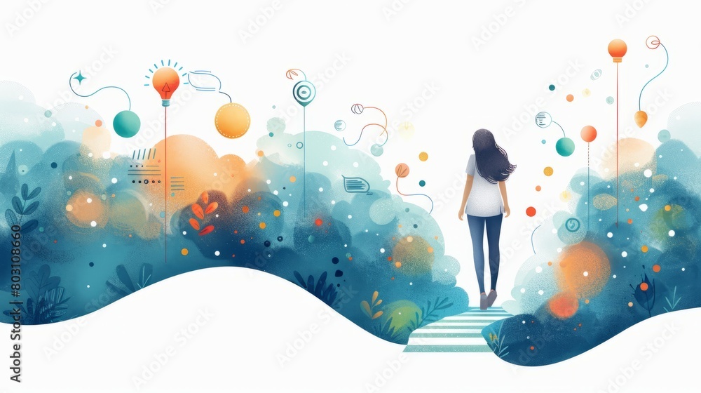 A woman walking on a path surrounded by colorful abstract shapes.