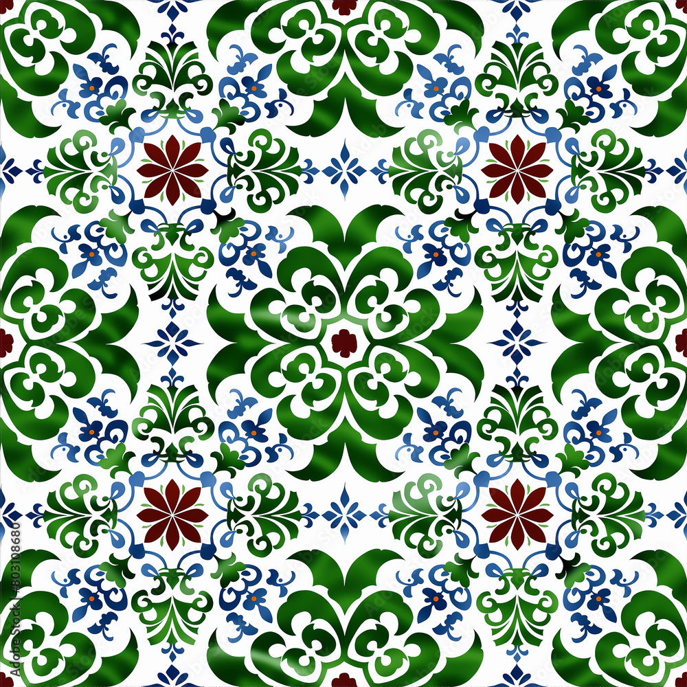 Tile pattern design, tile design with seamless pattern, flower pattern in green red and blue color,