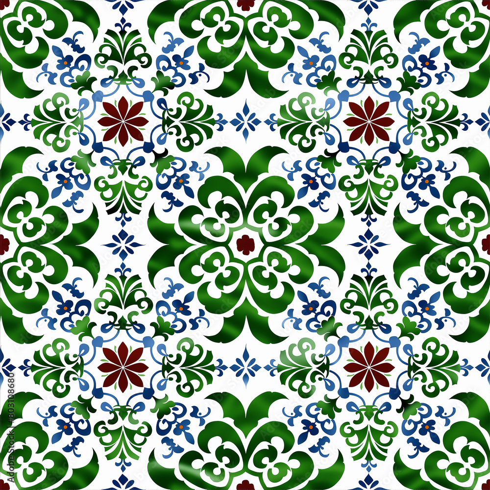 Tile pattern design, tile design with seamless pattern, flower pattern in green red and blue color, Tile pattern design, tile design with seamless pattern, flower pattern in green red and blue color,