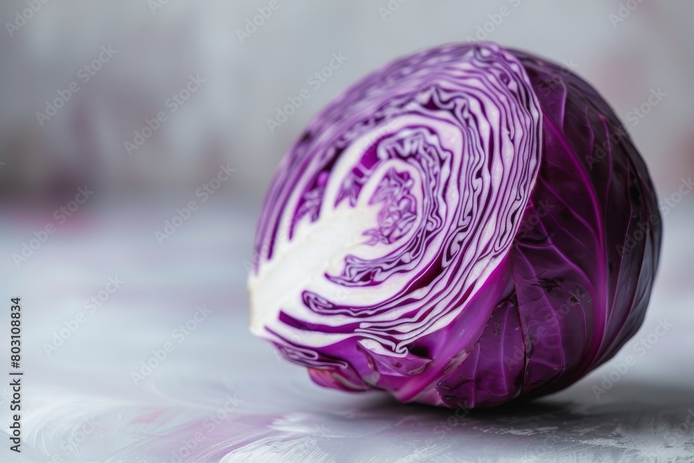 Fresh purple cabbage, cut to reveal intricate patterns inside, placed against a simple white backdrop, highlighting its vivid colors and natural beauty, with space for text Fresh purple cabbage, cut to reveal intricate patterns inside, placed against a simple white backdrop, highlighting its vivid colors and natural beauty, with space for text