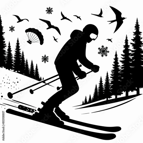 skier in winter silhouette vector illustration white background