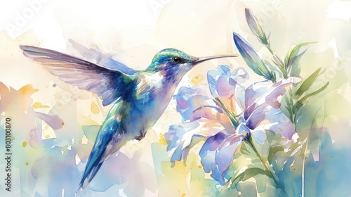  vibrant watercolor painting of a hummingbird hovering gracefully near a delicate flower, its iridescent wings shimmering in the sunlight. © Jeerawut