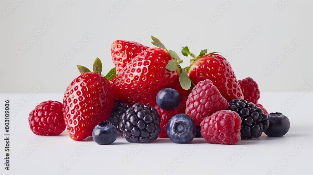 A vibrant collection of fresh berries with strawberries, raspberries, blueberries, and blackberries on a clean white background. A vibrant collection of fresh berries with strawberries, raspberries, blueberries, and blackberries on a clean white background.