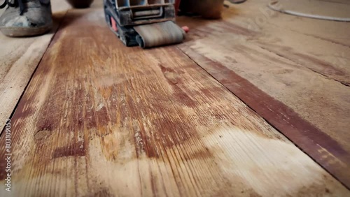 Sanding the floor with a sanding machine close-up video. Dynamic hand movement and dust. Repair work on a wooden floor using power tools. Apartment renovation. Processing old wooden surfaces. photo