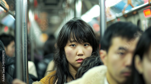 copy space, stockphoto, japanese commutors inside a metro carriage, focus on a female commutor between the crowd. Japanese public transport, commutors in the morning rush.