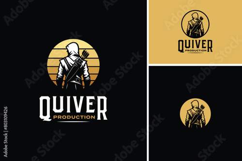 Medieval Warrior wears Archery Armor. An Archer Wear Hoods with Quiver and Arrows on his back logo design
