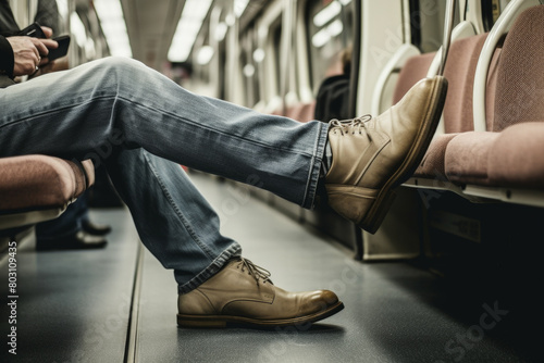 A man with his feet up on a public transport seat, ignoring other passengers.