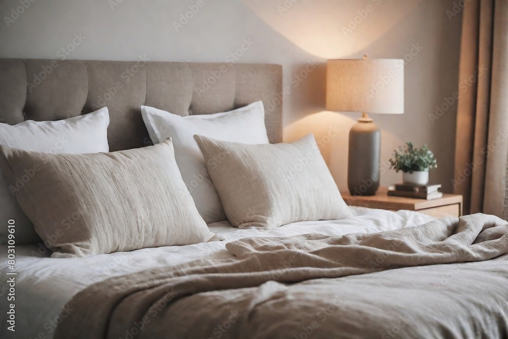 Relaxing bedroom in the morning with copy space. Bedroom with a warm bed, pillows, cozy lamp, morning light.