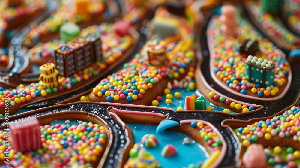Fantasy candy cityscape with colorful sprinkles and whimsical doughnut buildings