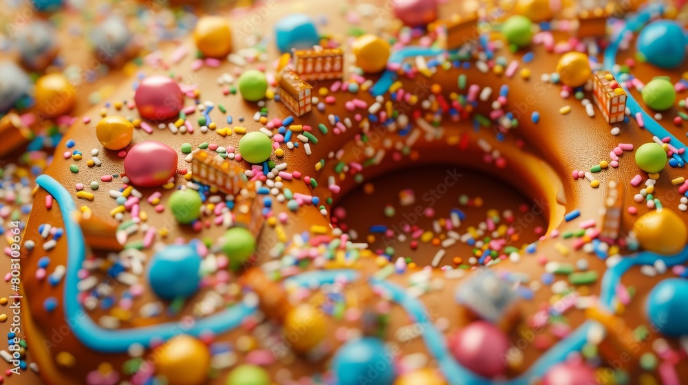 Fantasy candy cityscape with colorful sprinkles and whimsical doughnut buildings