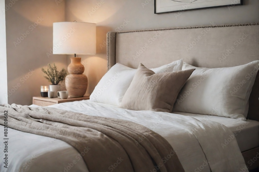 Obraz premium Relaxing bedroom in the morning with copy space. Bedroom with a warm bed, pillows, cozy lamp, morning light.
