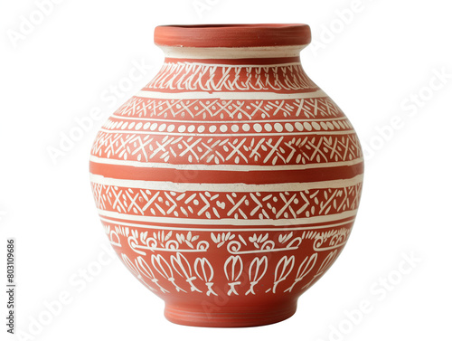 Handmade clay pot with traditional Indian white ethnic Warli painting isolated on white background Authentic Indian pottery