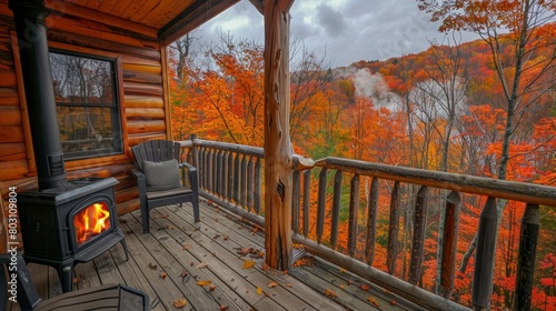 The breathtaking view from the cabins balcony showcasing a woodburning stove and the surrounding forest ablaze with autumn colors. 2d flat cartoon. photo