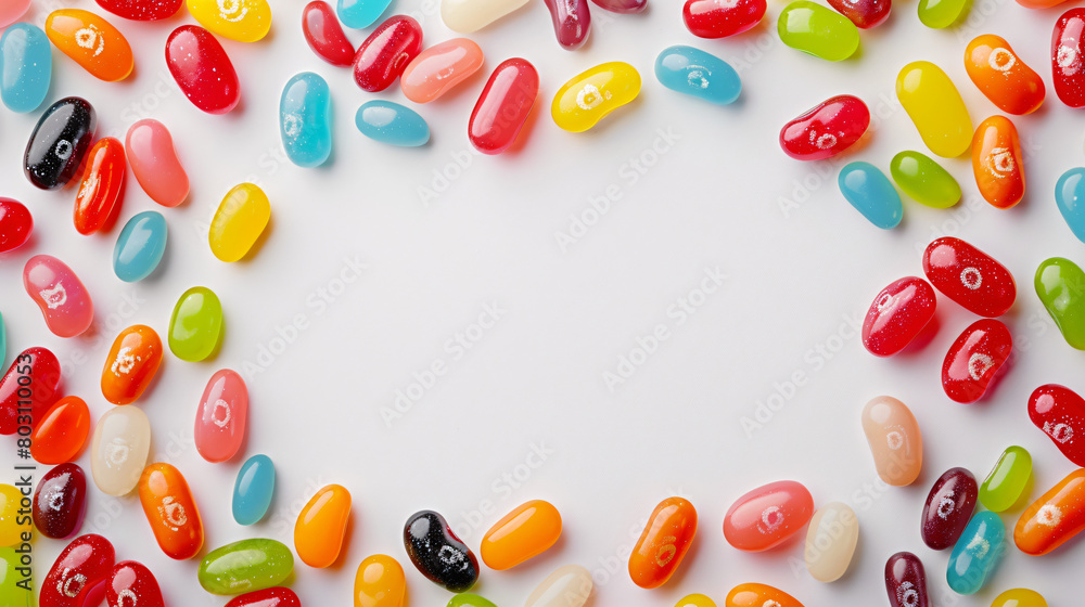 Frame made of different jelly beans on light background