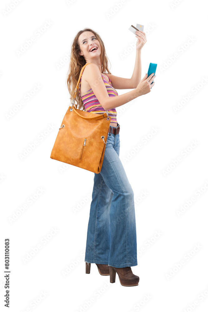 Smiling young woman with mobile phone showing credit card while browsing internet web page or online store, utilizing smartphone for shopping and online payments while wears vintage fashion clothes Smiling young woman with mobile phone showing credit card while browsing internet web page or online store, utilizing smartphone for shopping and online payments while wears vintage fashion clothes