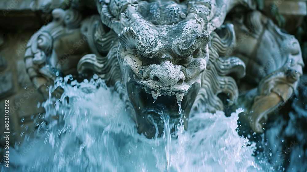 Dramatic close-up of a grotesque gargoyle fountain, water streaming elegantly