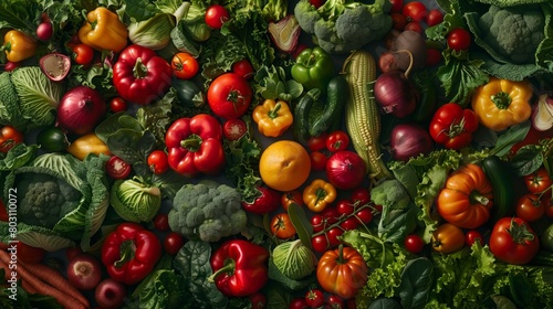 A vibrant display of fresh vegetables featuring tomatoes  bell peppers  broccoli  and leafy greens.