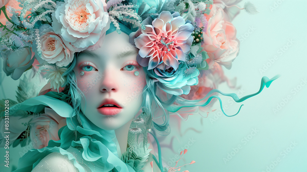 Science fiction photography in pastel colors.
Alien woman with flowers