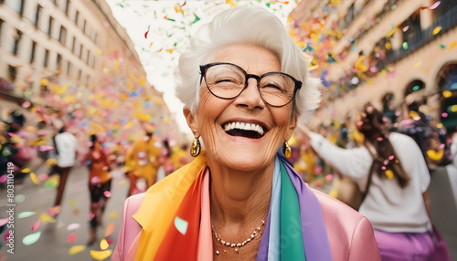 Happy caucasian senior gay lesbian woman celebrating pride festival parade with a rainbow flag on a sunny summer day. Candid gay pride celebrations with inclusive and diverse homosexual mature people.