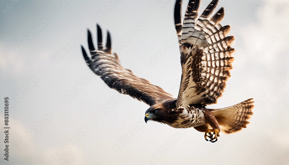 Fototapeta premium hawk flying towards the camera, isolated white background, copy space for text 