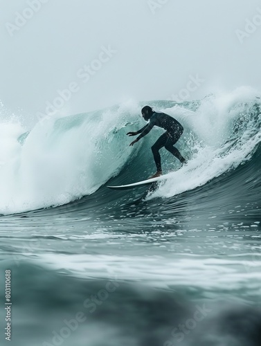 A South African surfer catching a wave against a minimalist seascape.