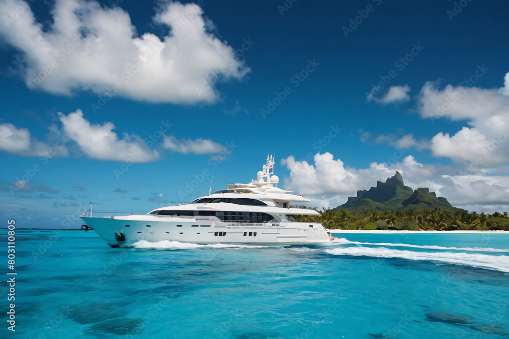 Bask in the Beauty of a Picturesque Day in Bora Bora: Clear Blue Skies, Tranquil Waters, and a Majestic White Yacht Await