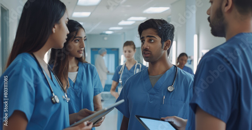 A group of multiethnic young male and female nurse students wearing blue scrubs, with one holding an iPad, stand in the hospital hallway