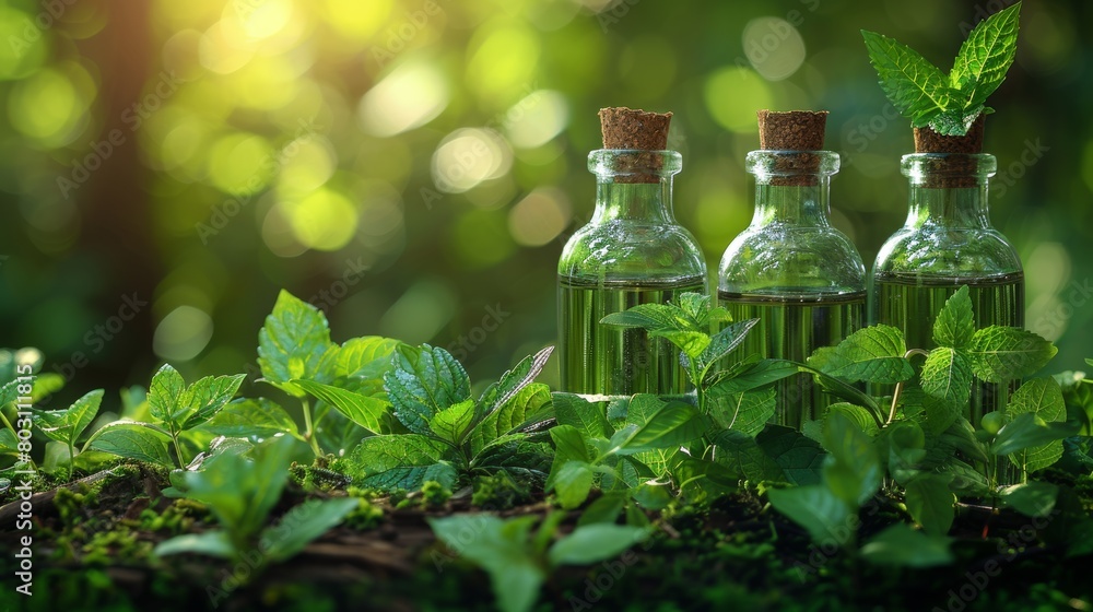 Enchanted Elixirs On Mossy Terrain. Generative AI Enchanted Elixirs On Mossy Terrain. Generative AI