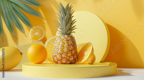 lemon product stand fruit platform yellow orange cosmetics scene Pineapple Podium for Sale, Art, Summer Juice Food Presentation Podium Beauty of natural wood drinks
