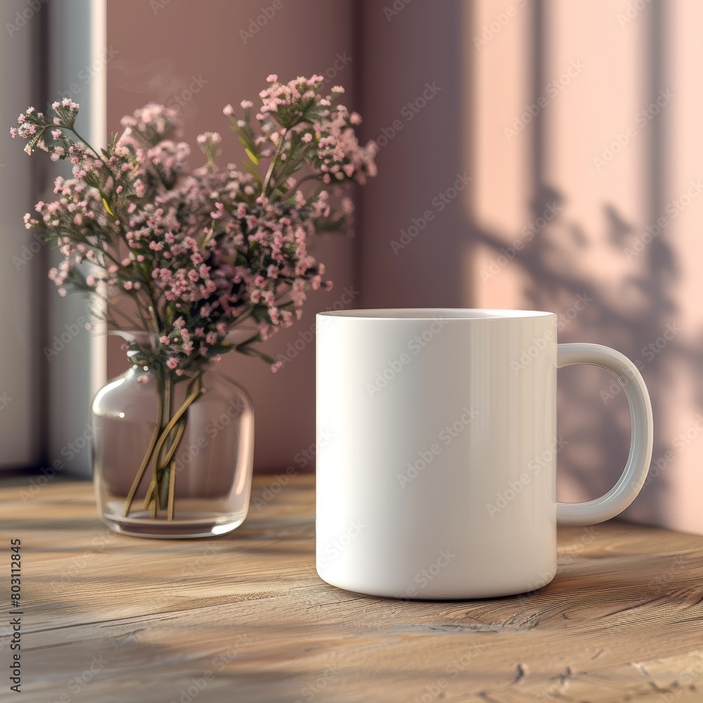 Cozy morning setup with a white mug and blooming flowers catching soft sunlight on a rustic wooden table Cozy morning setup with a white mug and blooming flowers catching soft sunlight on a rustic wooden table
