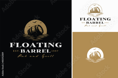 Floating Wooden Cask on the sea waves. Old Rustic Beer Barrels Adrift in the Ocean for Vintage Bar Pub or Brewing Brewery logo design photo