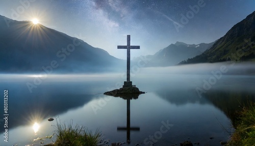 A Silver Cross Gleaming Under the Moonlit Waters of a Tranquil Lake, Surrounded by Misty Mount
