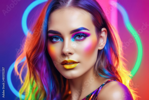 portrait of a woman with colorful makeup and background  commercial fashion cosmetic