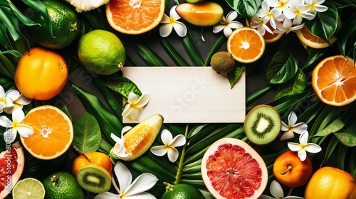 Lush display of tropical fruits and flowers with a blank wooden sign in the center  perfect for text.