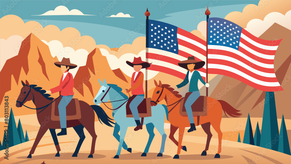Obraz premium A group of horseback riders donning Western attire clipclops down the street proudly carrying the American flag.. Vector illustration