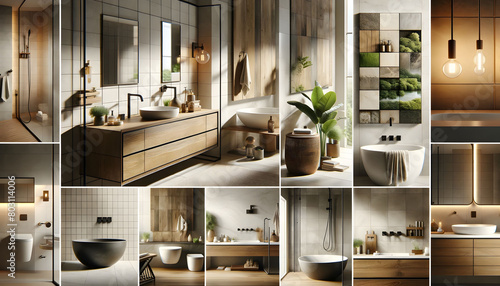Interior design moodboard with modern bathroom furniture, home accessories details and contemporary style. photo