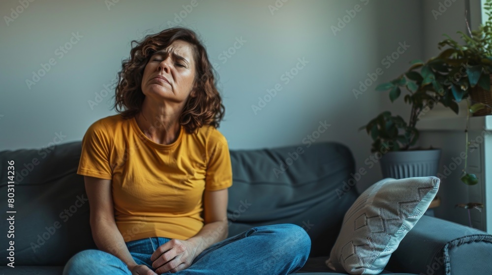 Sad middle-aged woman suffering from abdominal pain, Menopause, sitting at home on the couch. Problems, Old Age, Women's Health concepts Sad middle-aged woman suffering from abdominal pain, Menopause, sitting at home on the couch. Problems, Old Age, Women's Health concepts