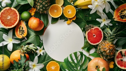 Vibrant tropical fruits and floral arrangement around a central white circle, ideal for copy space.