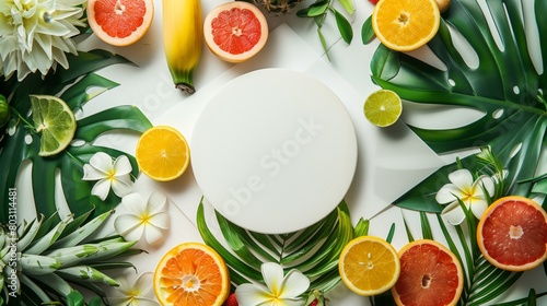 Tropical-themed flat lay with assorted citrus fruits and exotic leaves around a white circle.
