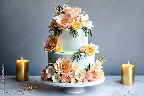 elegant multi-tiered cake with pastel icing, with peach and yellow edible flowers, on a white stand. Golden confetti and lit candles. Perfect for weddings or anniversaries. generative ai