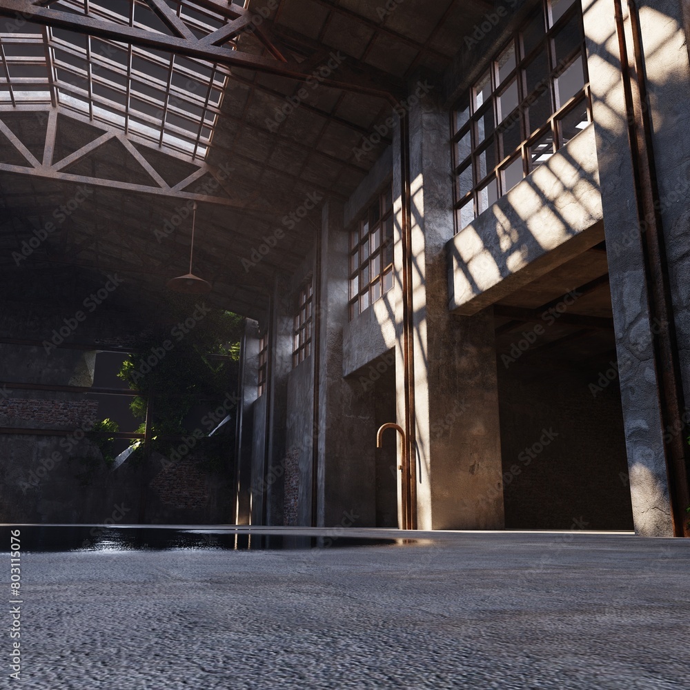 3D rendered interior of an abandoned industrial space