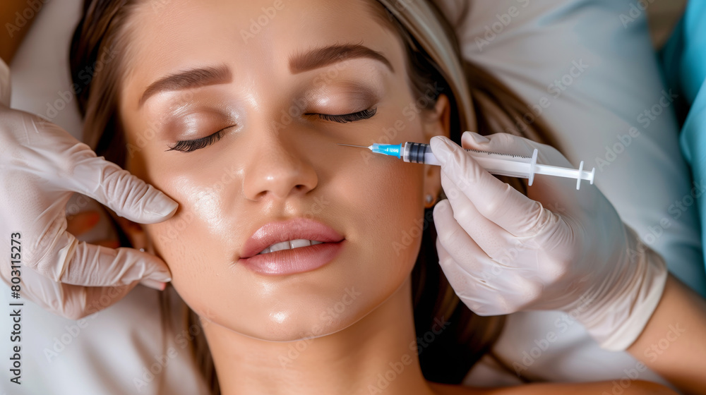 A woman receives Botox injections on her face. A woman receives Botox injections on her face.