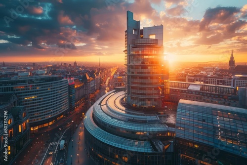 Aerial view at sunset of the European Parliament building in Brussels photo