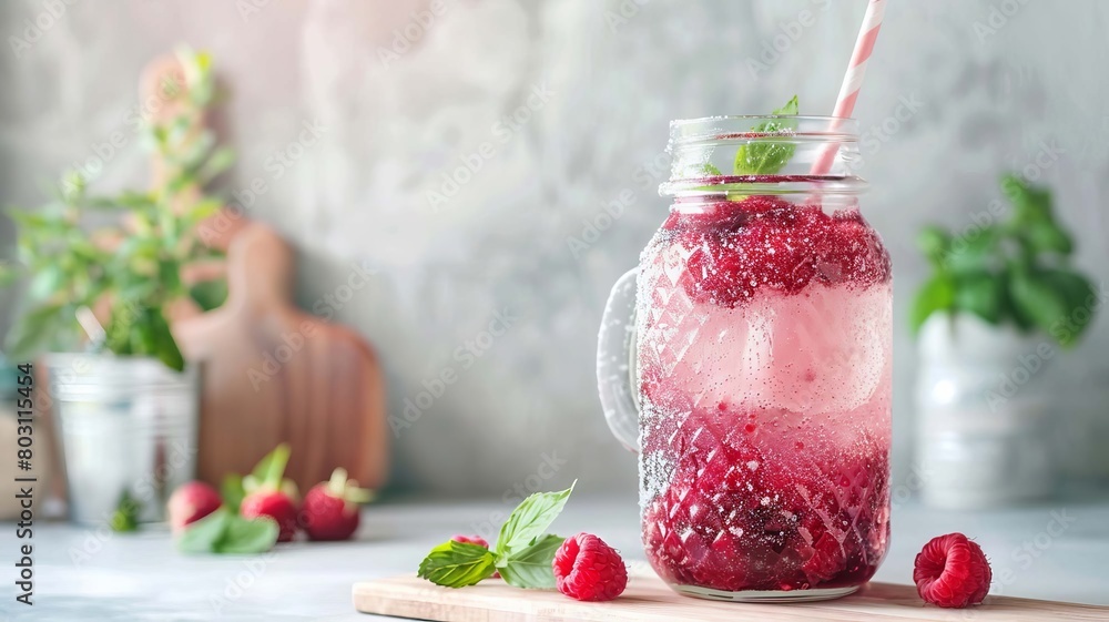 Glass of raspberry smoothie on white table, Generative AI, Glass of raspberry smoothie on white table, Generative AI,
