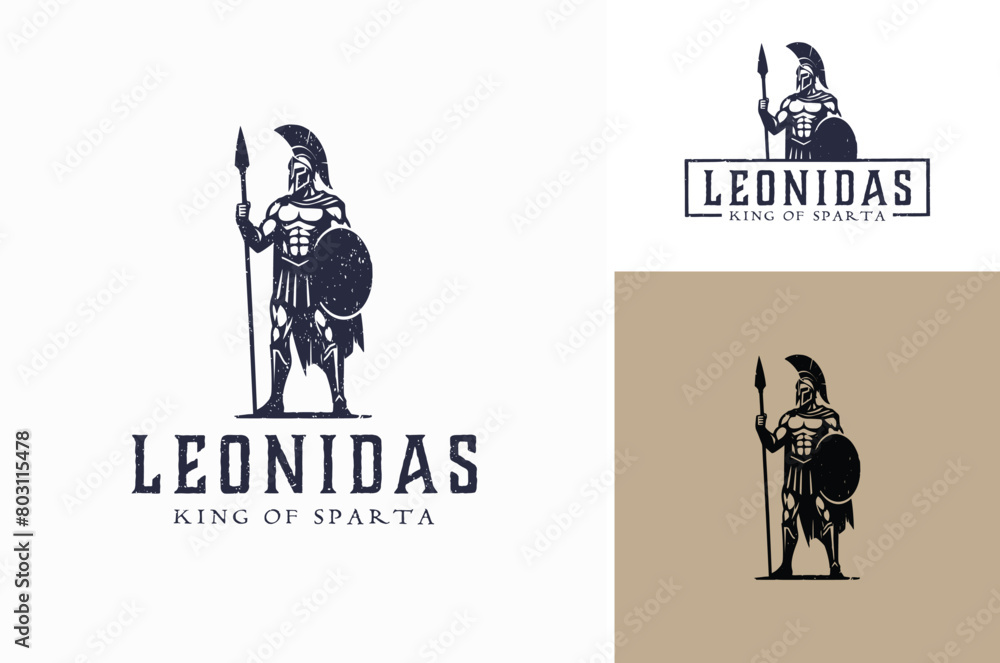 Leonidas Spartan Warrior Standing Gallantly with Spear and Shield Silhouette for Ancient Military Legion Vintage Rustic Logo Design